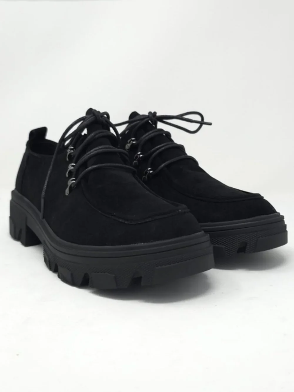 Black Faux Suede Chunky Platform Oxford Casual Lace Up Lug Sole